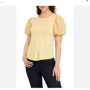 Cupio Eyelet Puff Sleeve Yellow Blouse Medium NWT